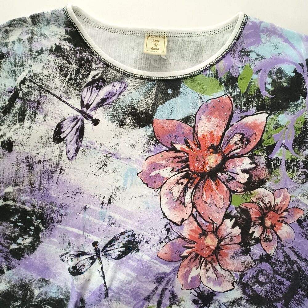 Jess‎ & Jane Tunic Top 3X Floral Embellished Dragonfly 3/4 Sleeve Artsy Stretch